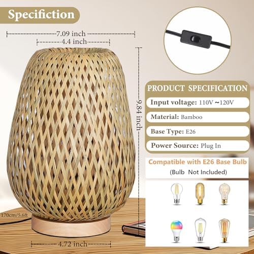 Rattan Table Lamp, Boho Bamboo Woven Small Beside Lamp, Vintage Wicker Wooden Nightstand Lights, End Table Lamp for Living Room Bedroom Desk, Kids Room