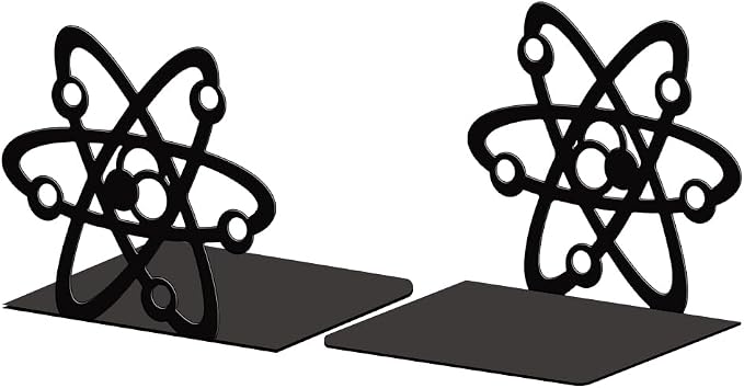 Peacoblue 5.3"x4.3"x6.1" Metal Bookends, Heavy Duty Book Ends for Shelves | Atom Theme Cast Iron Book Supports, 1 Pair Decor Stoppers for Desk, Library, Office & Home Shelves