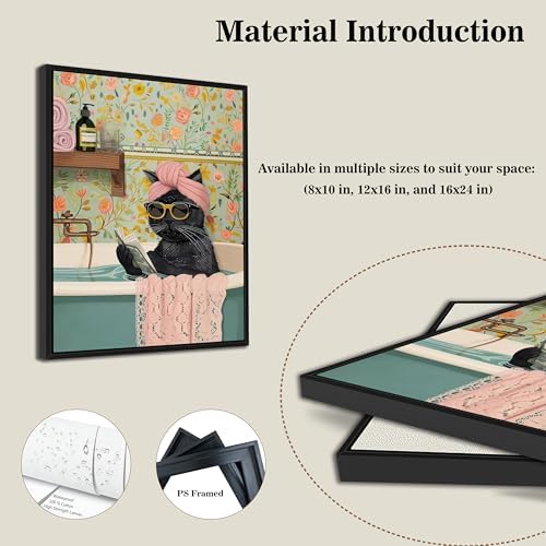 Floating Framed Bathroom Cat Canvas Wall Art, Funny Black Cat Reading Wall Decor, Cute Animal Prints Pictures Posters for Living Room Bedroom Toilet Kids Room Paintings 12x16 inch