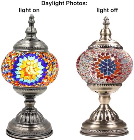 SILVERFEVER Handcrafted Mosaic Turkish Lamp Moroccan Glass Table Desk Bedside Light Bronze Base with E12 Bulb (Purple Starburst)