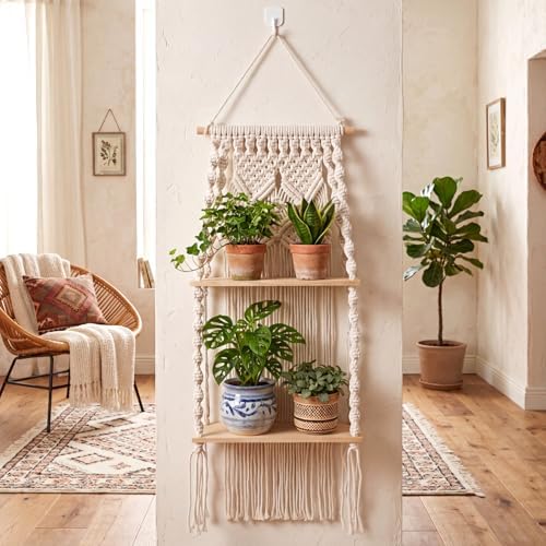 Barydat 1 Pack Macrame Wall Hanging Shelf 2 Tier Handmade Boho Hanging Wall Shelf Floating Woven Rope Decorative Storage Racks Holder Organizer for Home Bedroom Bathroom Plants, Beige (Elegant)