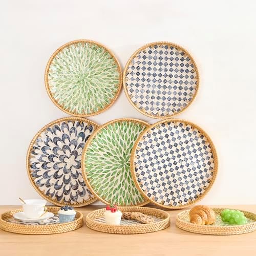 Round Rattan Tray with Mother of Pearl Inlay, Rattan Serving Tray with Wooden Base, Decorative Wicker Basket for Table Decor, Storage and Display of Coffee Bread Food Fruit (Checkerboard 13.5")