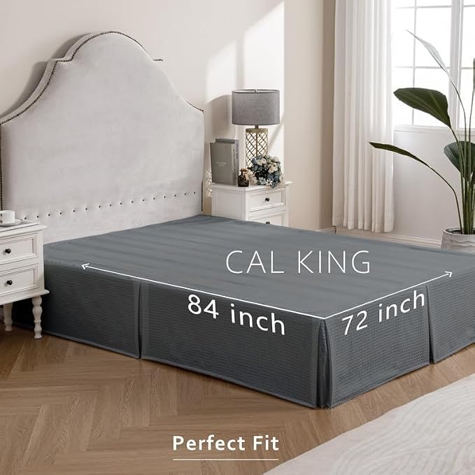 MIYE Pleated Waffle Weave Bed Skirt, Tailored Dust Ruffle 14 Inch Drop Easy Fit, Machine Washable (Dark Grey,Cal King - 14" Drop)