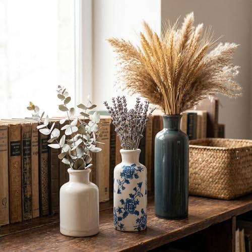 Vintage Ceramic Flower Vase Set of 3, Rustic Farmhouse Vase for Home Decor, Distressed Decorative Vase for Table Entryway Mantel Centerpiece Living Room Bathroom Bedroom (Blue and White)