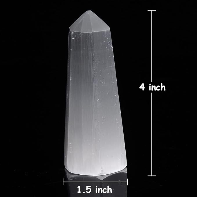 JIC Gem USB Selenite Lamp Hexagonal Crystal Points Selenite Tower Lamp Morocco Skyscraper 4 Inch with Wooden Light Stand Base