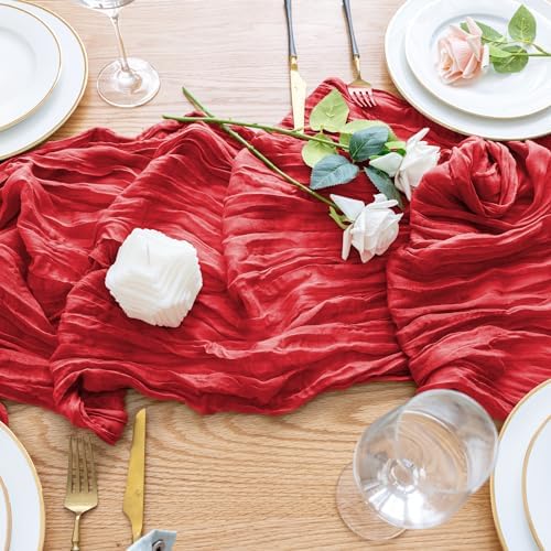 Wokceer Cheesecloth Table Runner Red 10FT Boho Gauze Runner, 4 Pack