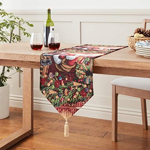 Violet Linen Decorative Christmas Santa Claus Design Tapestry, 13" X 70" Table Runner