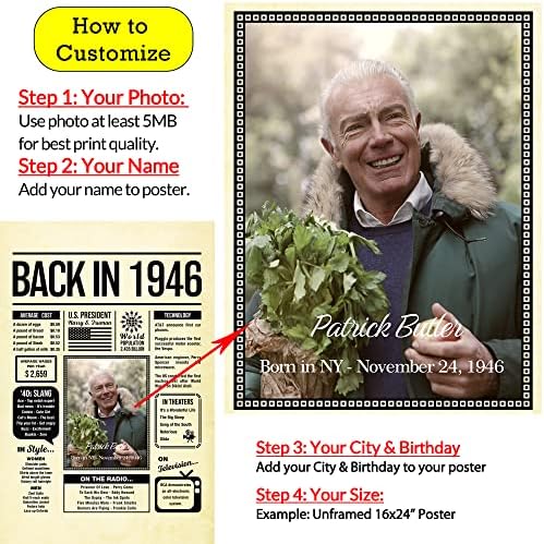 Personalized 79 year old birthday gifts - Back in 1946 Poster - Centerpiece Table Decorations 79th Birthday Party - Custom Born in 1946 Newspaper Vintage Poster for Men, Women