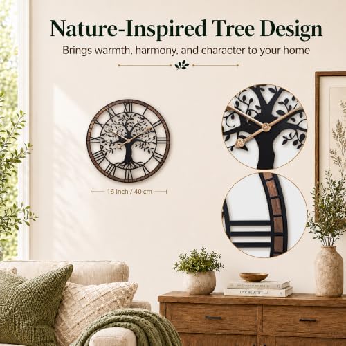 16 Inch Roman Numerals Tree Wall Clock for Living Room Decor,Wood Frame