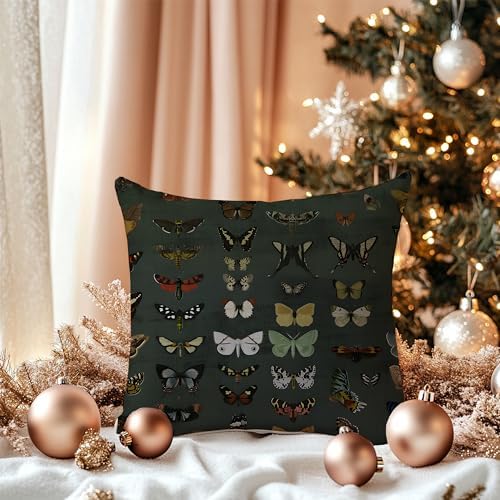 Dark Green Butterfly Pillow Covers 18x18 Double-Sided, Butterfly Room Home Decor, Vintage Moody Cottagecore Rustic Colorful Moths Decorative Throw Pillow Covers