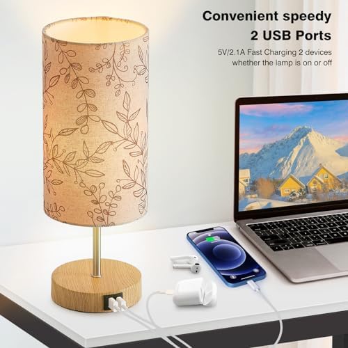 Bedside Touch Lamp, Wood Small Table lamp for Bedroom with 2 USB Charging Ports & Flower Fabric Shade, 3-Way Dimmable Nightstand Lamps for Living Room Office Reading Desk Home Dorm(LED Bulb Included)
