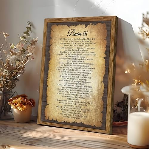 Bible Verses Wall Decor Vintage Psalm 91 Wall Art Framed 12x16 Inch | Christian Spiritual Canvas Prints, Faith Paintings, Serenity Prayer Religious Scripture Artwork for Church Prayer Room