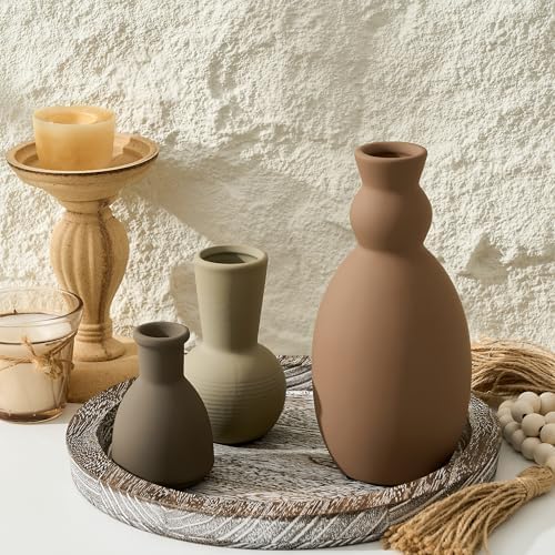 Ceramic Vase Set of 3, Nordic Minimalist Multicolor Vases Home Decor, Rustic Farmhouse Decor Pottery Vases for Bouquet Pampas Grass Dried Fresh Flowers, Living Room, Entryway Mantel, Bedroom, Kitchen