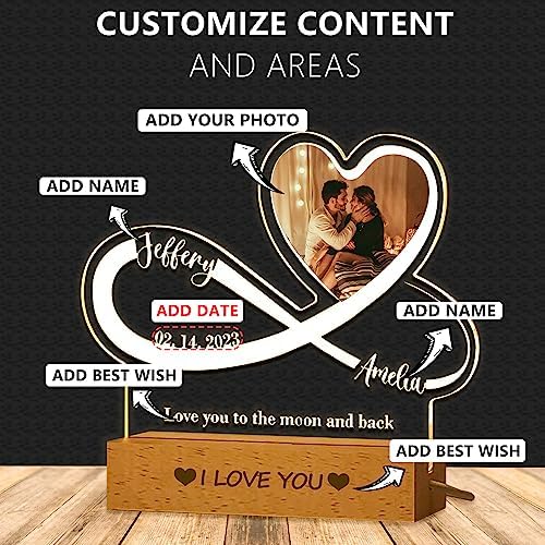 Personalized Photo Acrylic Sign Plaque Gifts for Anniversary Valentines Birthday Customizable LED Night Light Wooden Base Lamps Desk Bedroom Decor Signs