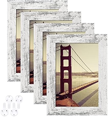 BAIJIALI 4x6 Picture Frame Distressed White Wood Pattern Set of 4,Display Pictures 3.5x5 with Mat or 4x6 Without Mat, Horizontal and Vertical Formats for Wall and Table Mounting