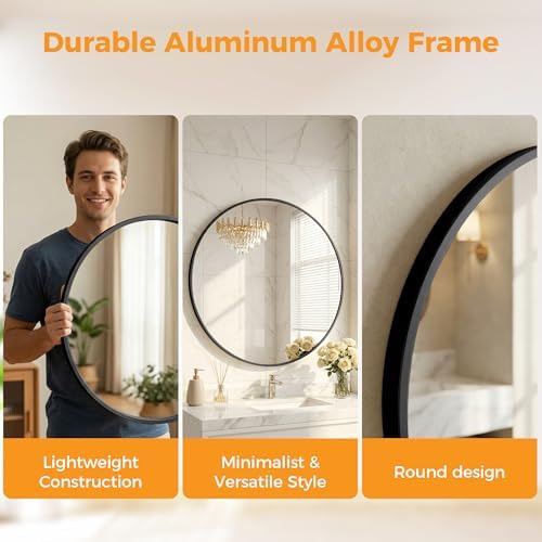 30 Inch Black Round Bathroom Wall Mirror, Round Mirrors for Wall Decor, Circle Mirror for with HD Shatter-Proof Glass for Entryway, Living Room, Bedroom, Dressing Room, Home Decor