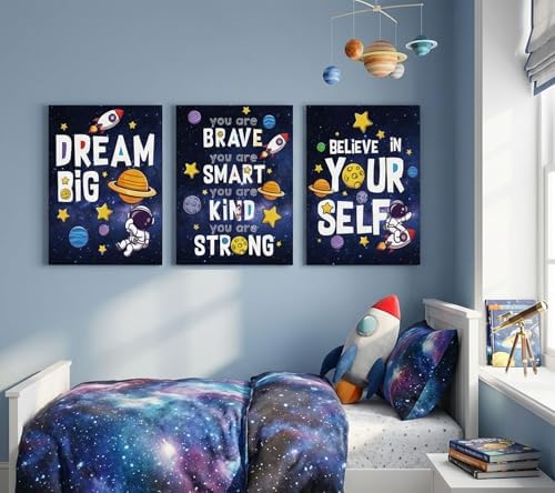 3Pcs Inspirational Space Astronaut Kids Canvas Wall Art, Inspirational Quotes Painting Picture Wall Decor, Boys Positive Affirmative Poster Print Artwork for Playroom, Classroom, 16x24in