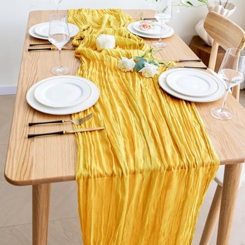 Wokceer Cheesecloth Table Runner Gold 10FT Boho Gauze Runner for Party