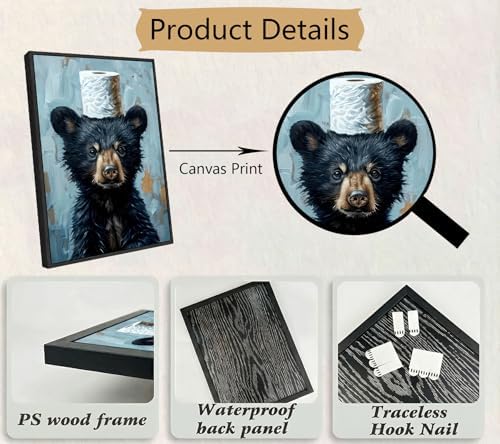 Black Framed Funny Bathroom Bear Canvas Wall Art, Black Bear with Paper Poster Print Artwork, Humor Animal Painting Picture Wall Decor, for Kids Restroom, Cabin, Bathroom, Home Decoration, 8x10in