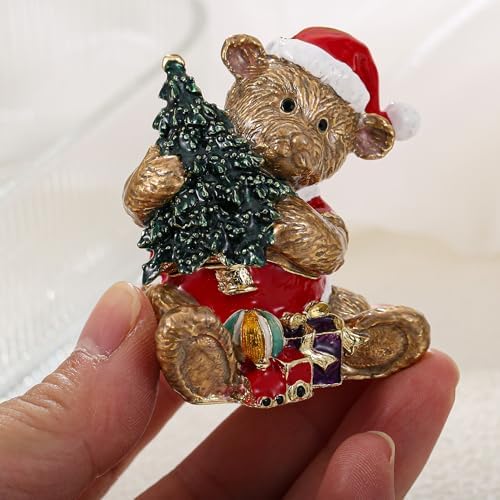 Hand Painted Christmas Trinket Box for Home Decor Accents, Enamel Hinged Jewelry Box for Bookshelf Office Table Desk Decor, Classical Figurine Collectible Keepsake Sculptures (Brown Christmas Bear)