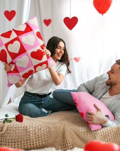 Valentines Pillow Cover 18x18 Inch - Embroidered Valentines Day Red White Hearts Design Throw Pillow Cover Decorations Soft Cushion Case Home Decor for Couch, Sofa, or Bed(1 Pack)