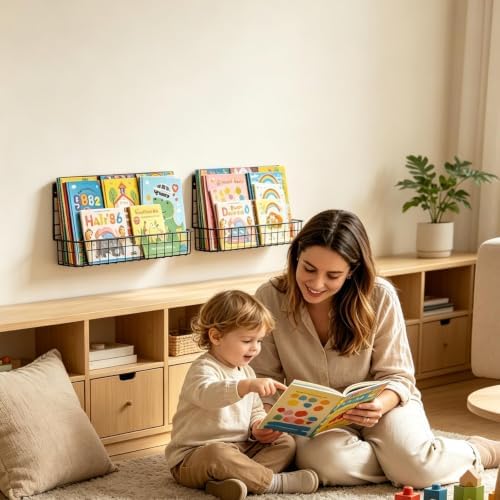 X-cosrack Floating Book Shelves for Wall Kids Bookshelf,Metal Hanging Wall Mounted Shelf for Nursery Toddler, Kids Room, Classroom,Set of 6,Black,2 Sizes