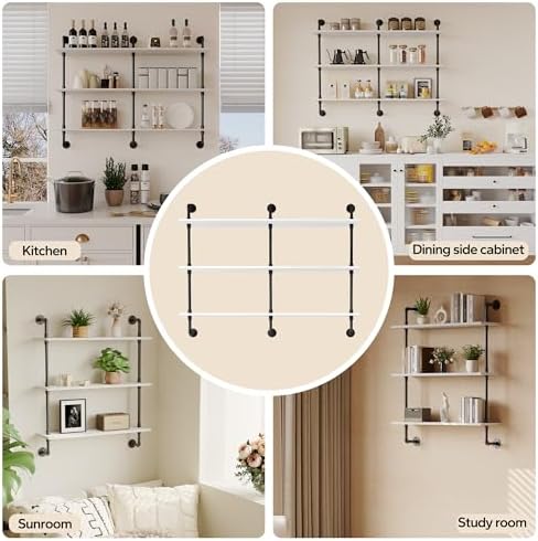 3-Tier Industrial Pipe Floating Shelf – Rustic 48 inch Wood Wall-Mounted Storage Shelf for Kitchen Office,Bathroom & Home Decor -White