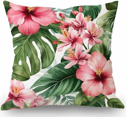 Swono Watercolor Tropical Floral Pattern Cotton Burlap Linen Throw Pillow Case Cushion Cover Sofa Outdoor Decorative Square 18X18 Inches