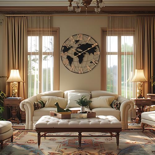 Pytha Sight 36 Inch Large Extra Metal Oversized Roman World Map Wall Clock