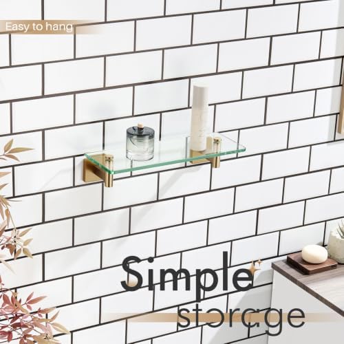 KOKOSIRI Wall Shelves Bathroom Hardware Glass Floating Shelf 12-Inch for Bedroom, Living Room, Kitchen, Hanging Rack Champagne Bronze B1105CPG-L12