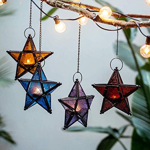 Sziqiqi Star Lantern Hanging Glass Star Purple Decoravtive Lantern Candle Holder for Home Patio Garden Decoration Purple