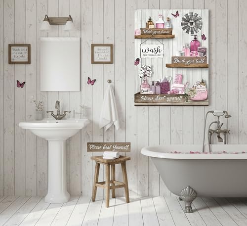 Pink Farmhouse Bathroom Canvas Wall Art Vintage Rustic Country Toilet Painting Picture Wall Decor Poster Print Artwork for Washroom Restroom Home Decoration