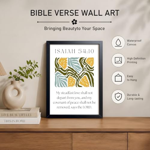 Framed Isaiah 54:10 Bible Verse Wall Art, Christian Floral Canvas Wall Decor Painting, Boho Religious Inspirational Scripture Print Poster Picture for Living Room Bedroom Prayer Room Home Decor 12x16 Inch