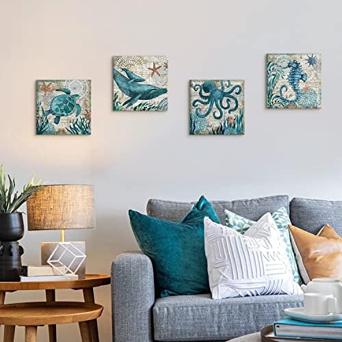 Bathroom Wall Art Beach Decor Ocean Sea Turtle Octopus Canvas Pictures Coastal Room Decor Teal Bathroom Accessories Vintage Whale Seahorse Poster Modern Nautical Painting Bedroom Home Decorations