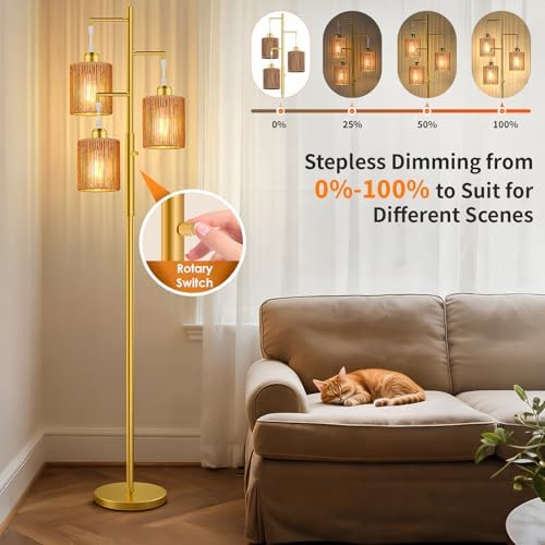 Hotsonic 72" Boho Rattan Tree Floor Lamp, Tall Dimmable Industrial Standing Lamp, Corner Decor Accent Lighting for Living Room, Bedroom, Dining Room, Nursery, Cafe (3 x 800LM Bulbs Included) - Gold