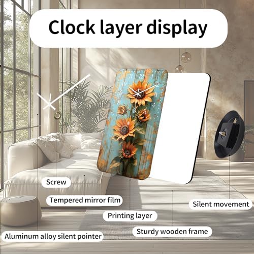 Rustic Clock for Bedroom 12 inch - Sunflower Wall Clock Battery Operated - Wooden Vintage Wall Clocks Silent Non Ticking for Office Kitchen Living Room Decor