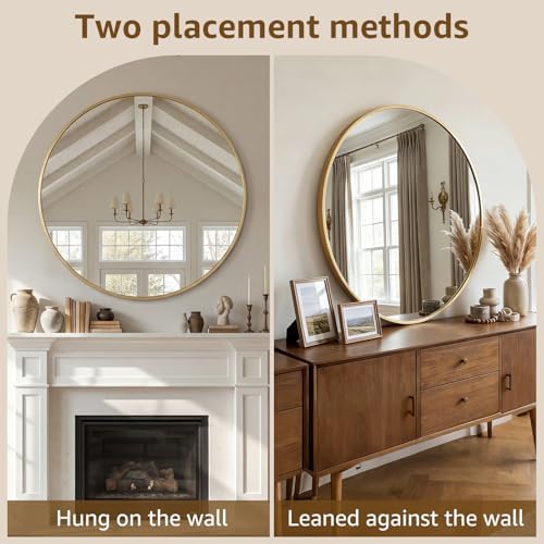 DUMOS 24 Inch Round Wall Mirror, Bathroom Mirrors for Over Sink | Matte Metal Framed Circle Mirror, Wall Decor for Bedroom, Entryway, Anti-Rust, Tempered Glass, Hanging or Leaning, Black