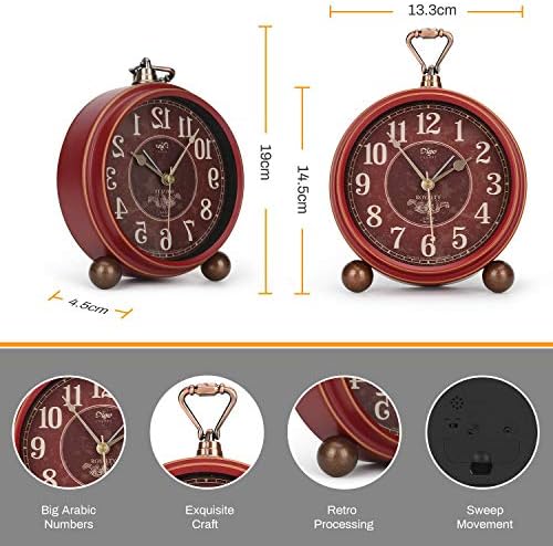 Number-one Classic Retro Alarm Clock, Red Vintage Non-Ticking Table Desk Small Alarm Clock, Battery Operated Silent Quartz Movement HD Glass for Bedroom Living Room Indoor Decoration