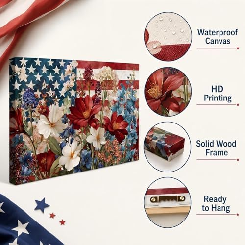Patriotic Floral American Flag Framed Canvas Wall Art, 4th of July Wildflower Pictures, Independence Day Canvas Prints for Living Room, Bedroom, Kitchen, Farmhouse, Home Wall Decor