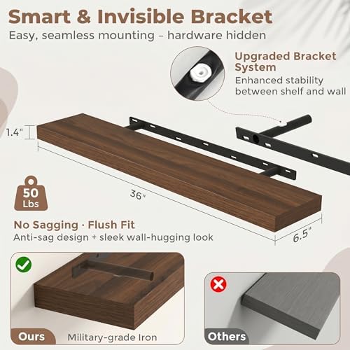 FLYJOE 36 Inch Floating Shelves for Wall Set of 2, 6.5" D Wood Grain Bathroom Shelves with Invisible Brackets, Easy Install Engineered Wood Storage Shelves for Kitchen, Living Room, Bedroom