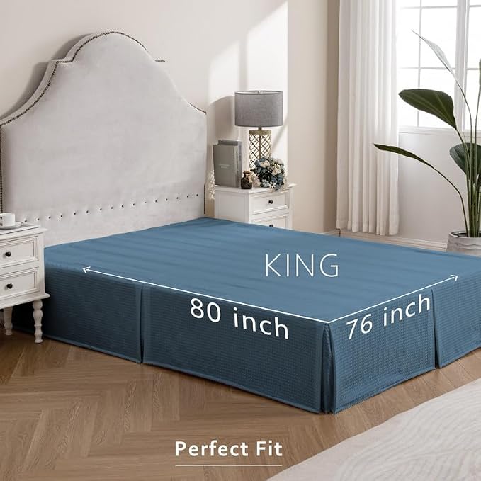 MIYE Pleated Waffle Weave Bed Skirt, Tailored Dust Ruffle 14 Inch Drop Easy Fit, Machine Washable (Blue, King - 14" Drop)