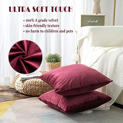 Stellhome New Year/Christmas Decorations Velvet Throw Pillow Covers Square Super Soft Pillowcase for Bed Couch Sofa Bench, 18 x 18 inch (45 cm), Burgundy, Pack of 2