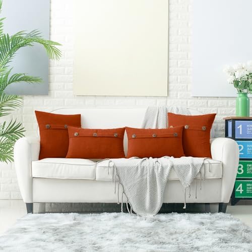 HWY 50 Burnt Orange Chenille Throw Pillow Covers 22x22 Inch Buttons