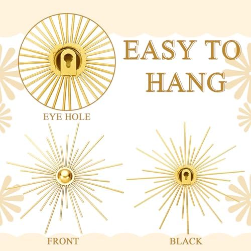 Fourluoo 3 Pcs Metal Starburst Wall Decor Gold Metal Wall Art 3D Spike Bling Finish Star Burst Hangings Accents Sculptures Set Modern Mid Century Decorations for Living Room Bedroom Entryway
