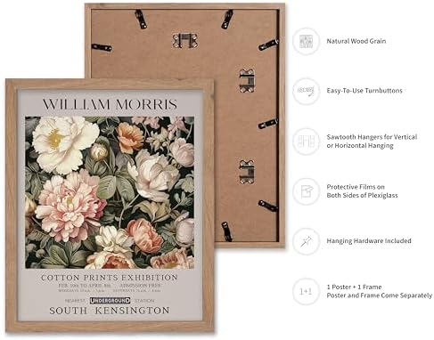 Poster Master William Morris Poster - Pink Peonies Print - Flower Art - Botanical Art - Exhibition Illustration - Textile Pattern Illustration - Floral Illustration - Aesthetic Office or Bedroom Decor - 11x14 Beige Framed