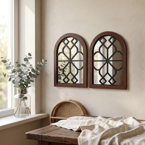 Set of 2 Arched Window Wall Mirror, Rustic Farmhouse Accent Mirror with Wood Frame Decorative Wall Art Mirror for Living Room Bathroom Bedroom Kitchen
