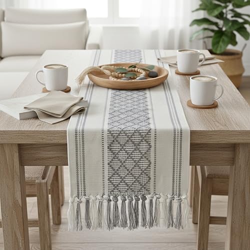 Boho Small Coffee or Dining Table Runner with Tassels 14 x 48 Inches, Gray & Cream White | Woven Washable Dresser Scarf for Bedroom | Farmhouse Table Topper Centerpiece Decorations Grey