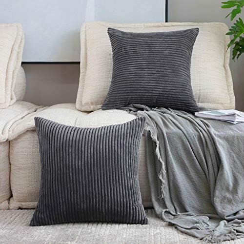 Home Brilliant Throw Pillow Covers 2 Packs Soft Cushion Covers Striped Velvet Throw Pillow Cases for Bed Living Room, 55x55 cm, 22 x 22 Inch, Dark Grey