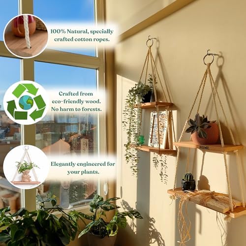 Hanging Shelves for Wall, Living Room, Bedroom - Boho Room Decor Aesthetic - Hanging Plant Shelf Decor - Floating Shelves - Rope Shelves for Bedroom Aesthetic | Boho Decor by NWOOD | Design Patented