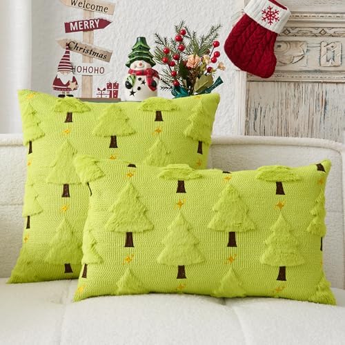 Kevin Textile Christmas Tree Pillow Covers 18x18 Inch Set of 2 Twinkle Golden Star Embroidery Soft Plush Faux Fur Throw Pillowcases for Couch Sofa Holiday Festivals Winter Xmas Gift, Green